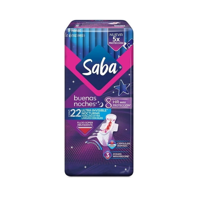 Toallas femeninas Saba Buenas Noches ultradelgada nocturna extra larga con alas flujo súper abundante22 pzas