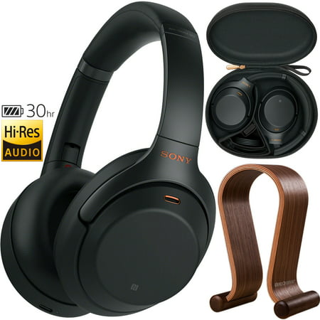 Sony WH1000XM3 Premium Noise Cancelling Wireless Bluetooth Headphones with Built In Microphone WH-1000XM3/B (Black) Plus Deco Gear Wood Headphone Display Stand and Protective Travel Carry Case
