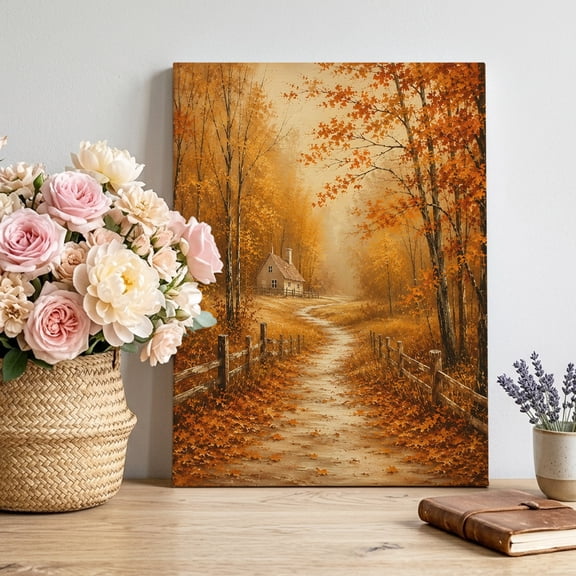 Fall Scenic Canvas Wall Art for Living Room, Rustic Golden Trees Cabin Forest Dirt Path Landscape Poster Print Painting for Bedroom Office Home Decoration Wall Pictures Prepare To Hang 8"x10"