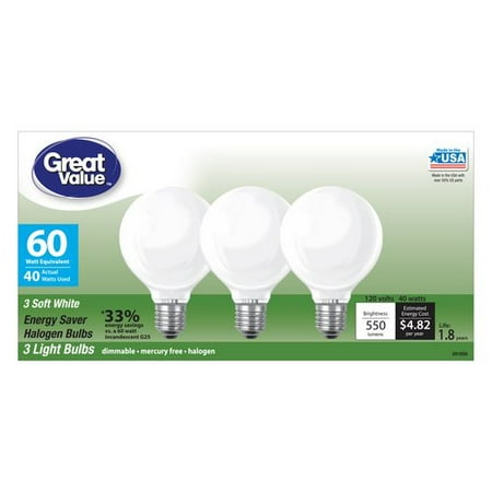 Great Value G25 Globe Halogen Light Bulbs, 40W (60W Equivalent), Soft White,