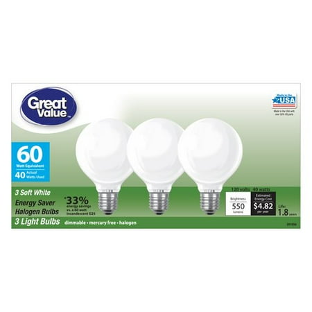 - Great Value G25 Globe Halogen Light Bulbs, 40W (60W Equivalent), Soft White, 3-count