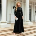 thumbnail image 4 of Women'S Elegant Velvet Belted Pleated Long Sleeve Cocktail Party Formal Wedding Guest A-Line Maxi Long Dress Black S, 4 of 9