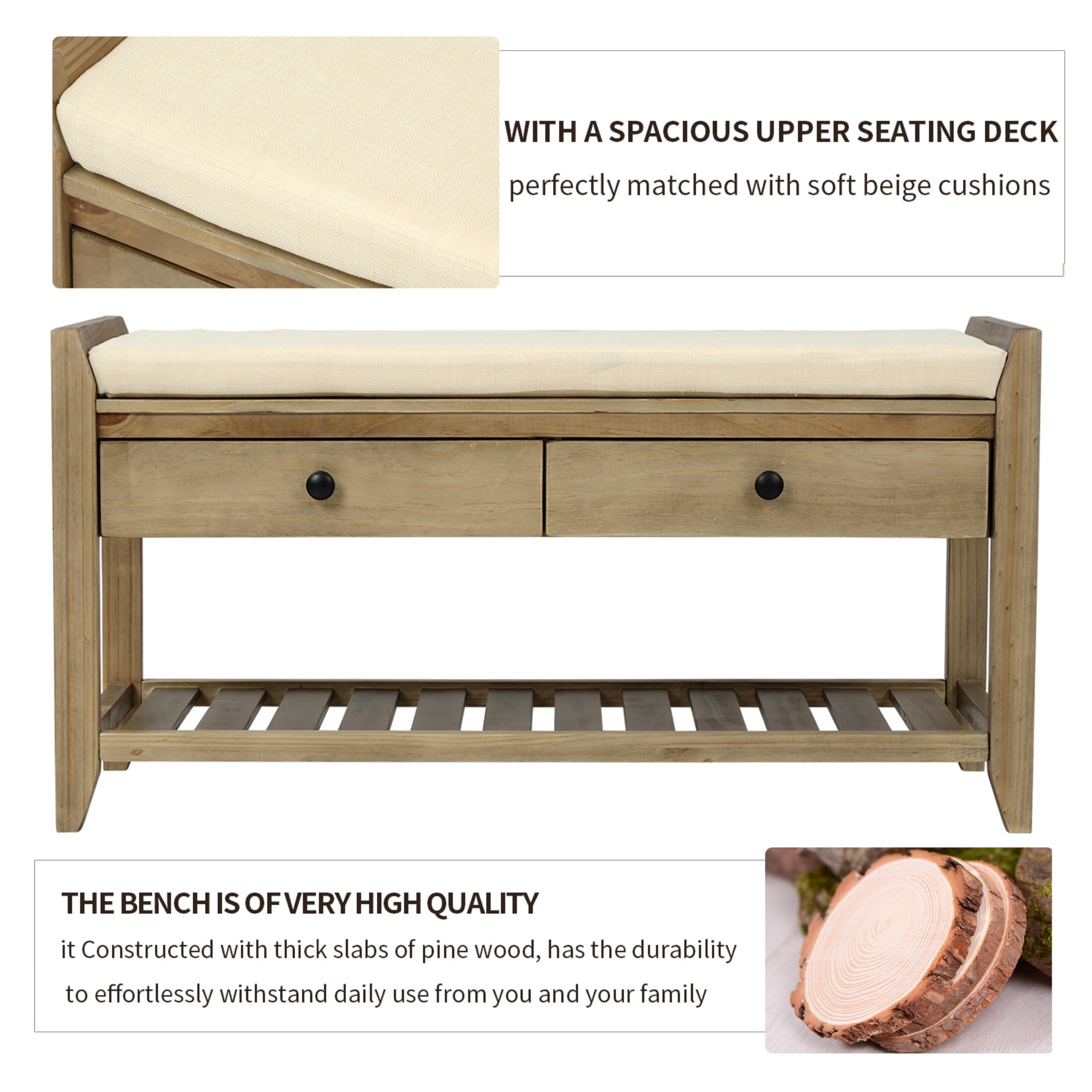 DEALTOPS Vintage Storage Bench with Cushion Seat, Shoe Rack with 2 Drawers, Gray Wash