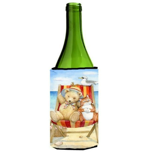 Summer Teddy Bear & Cat on Beach Wine Bottle Can cooler Hugger