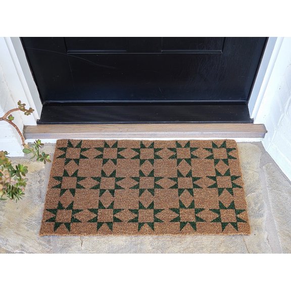 KAF Home Quilted Star Coir Doormat with Heavy-Duty, Non-Slip PVC Backing - 17 by 30 Inches (Green)