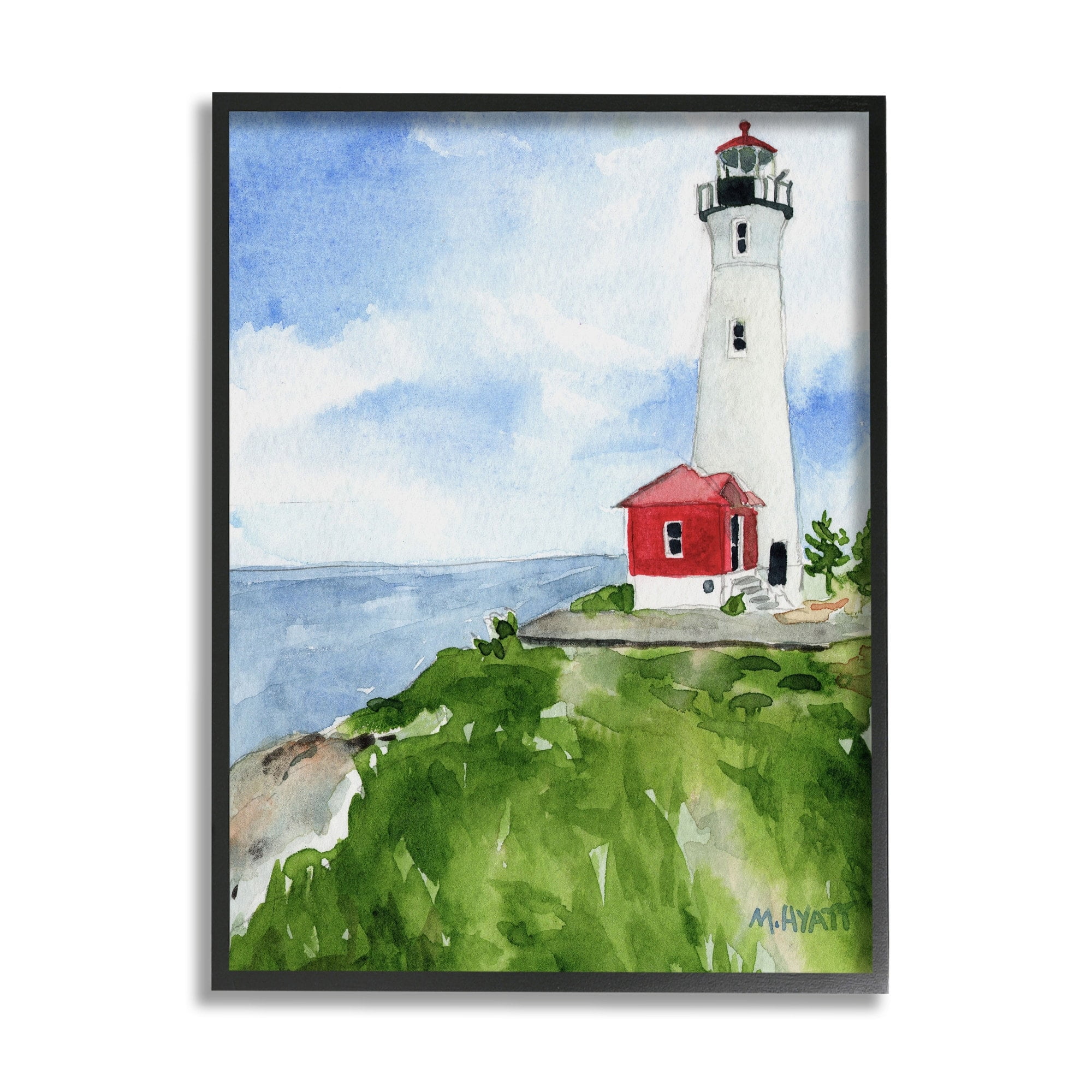 Stupell Industries Beach Cliff Lighthouse Ocean Overlook Landscape Grey Framed, 11 x 14, Design by Melissa Hyatt LLC