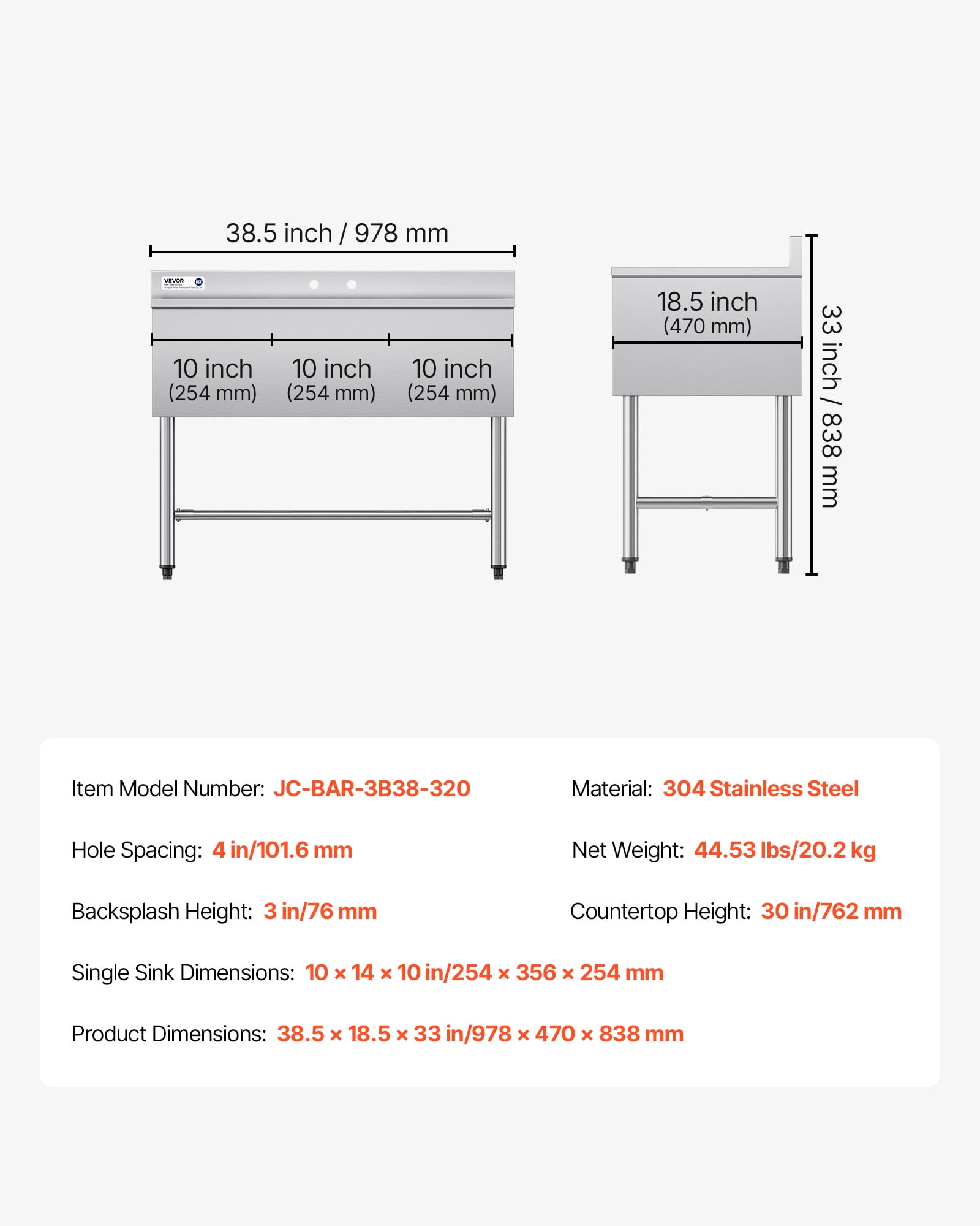 VEVOR 3 Compartment Sink, 18-Gauge 304 Stainless Steel, 10" x 14" x 10" Bowl Size, 3 Bay Commercial Under Bar Sink with Backsplash and Efficient Drainage for Kitchen,Restaurant, Food Truck & Home Use