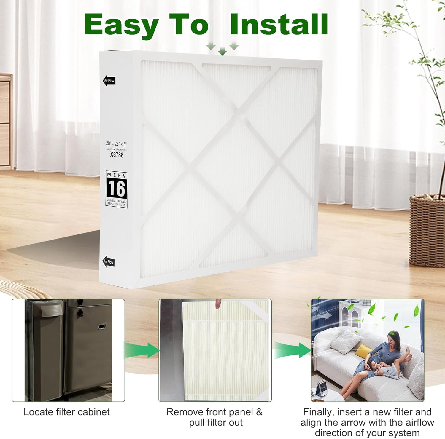 Upgrade X8788 MERV 16 Filter X8788 20x26x5 Furnace Filter Replace for PCO20-28 PureAir
