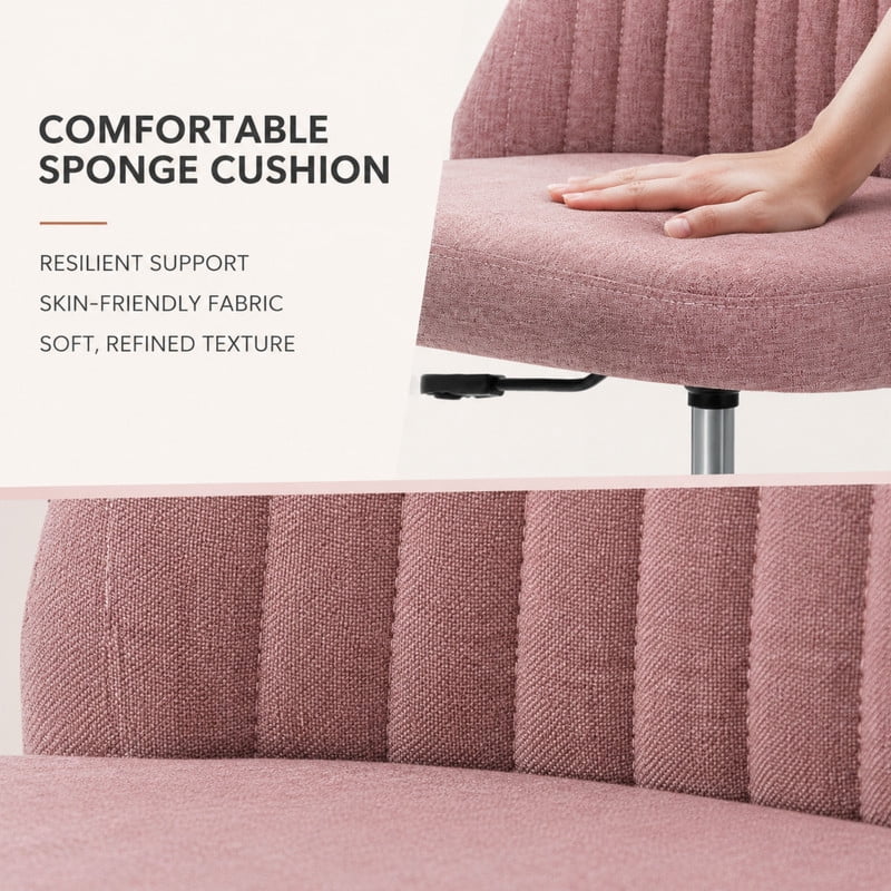 BEAUTYPEAK Armless Vanity Chair Adjustable Swivel Fabric Desk Chair with Padded Seat Wheels Mid-Back Office Chair, Pink