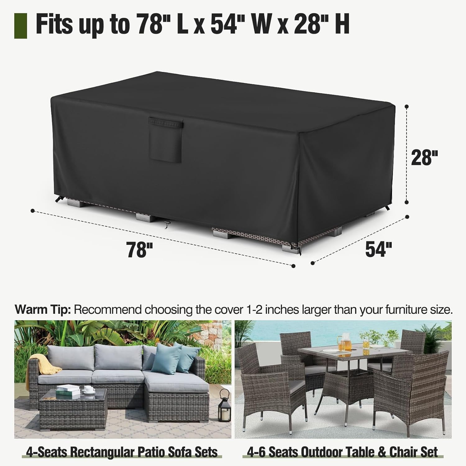 Patio Furniture Covers Waterproof, Outdoor Furniture Cover Fits up to 78L x 54W x 28H Inches, Rectangular Table and Chair Set Covers Rip-resistant Material with Windproof Buckles