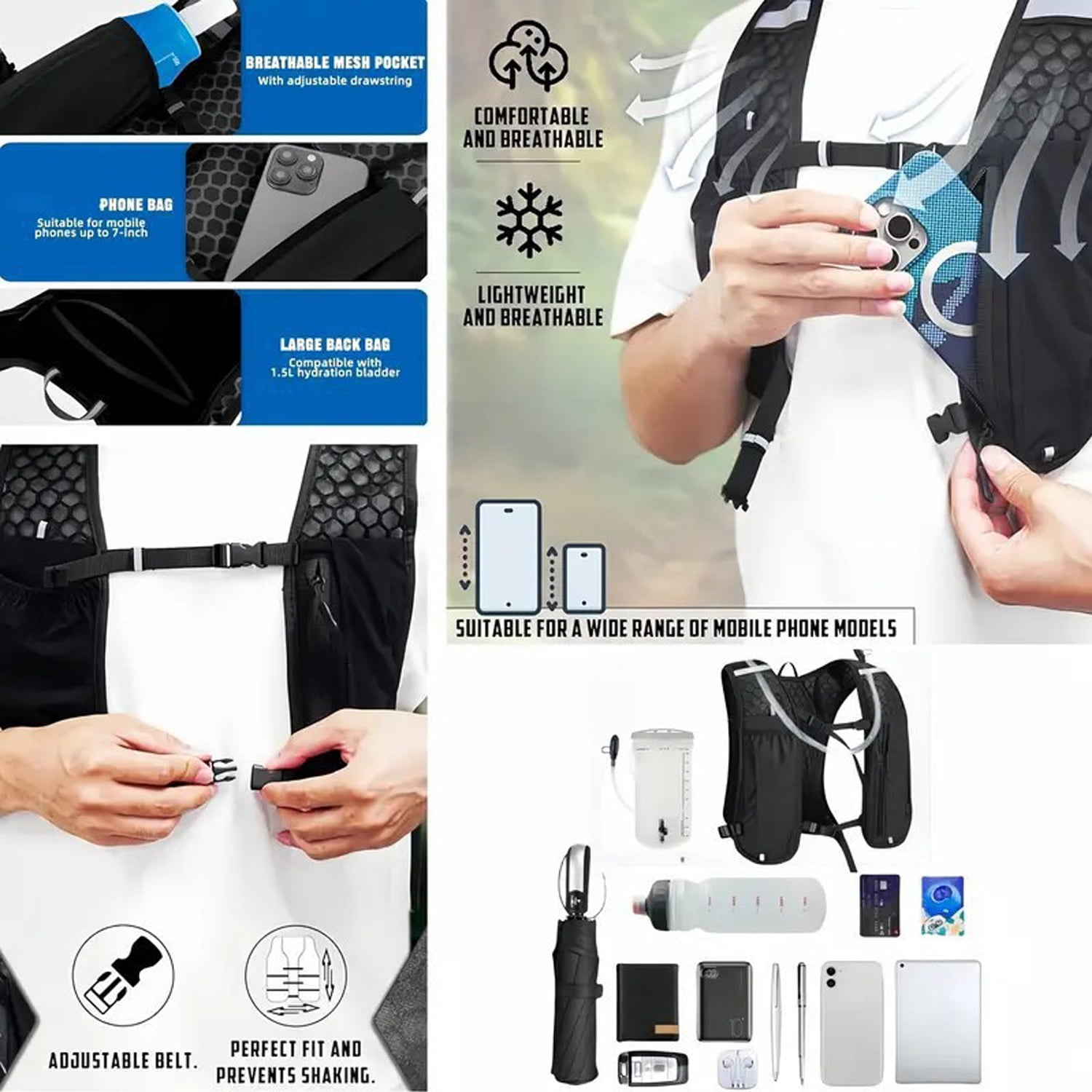 Running Vest for Women Men, Adjustable Chest Straps Running Hydration Vest with 300ml Soft Bottle, Lightweight Reflective Hydration Backpack for Marathon