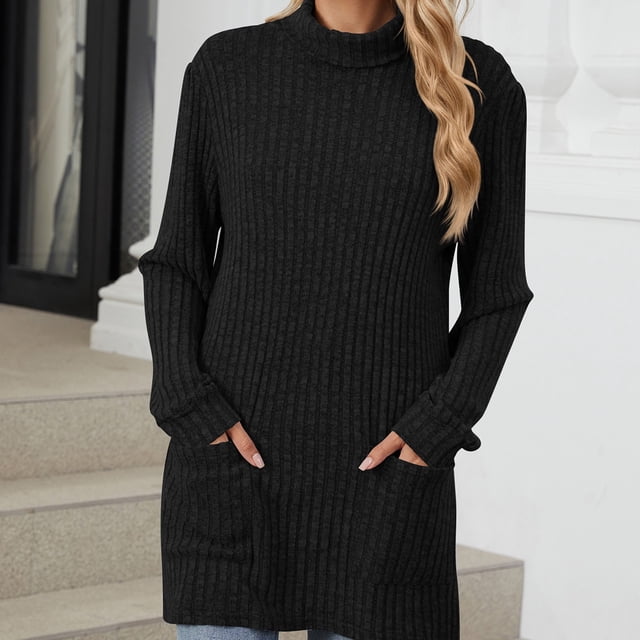 Hot6sl Women's Solid Color Half High Neck Loose Pocket Long Sleeve Top