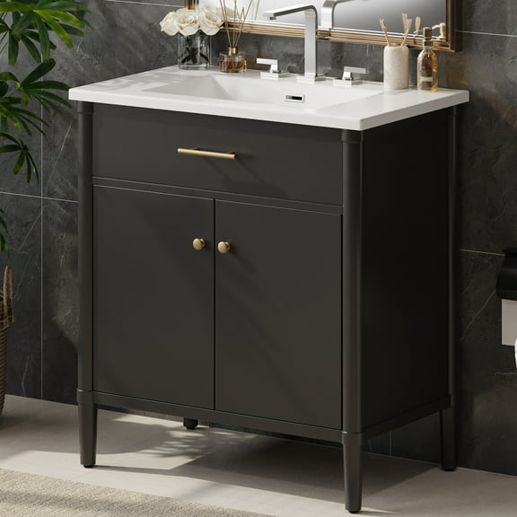 Christopher Knight Home 31" Modern Bathroom Vanity, Adjustable Shelf Cabinet with Ceramic Sink, Black
