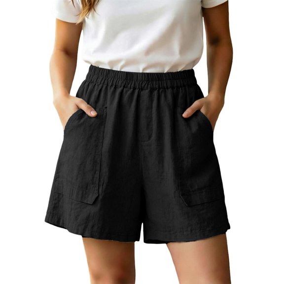 oqasdz Women's Linen Shorts Elastic High Waist Casual Loose Fit Solid Color Summer Shorts with Pockets Vintage Trendy Outdoor