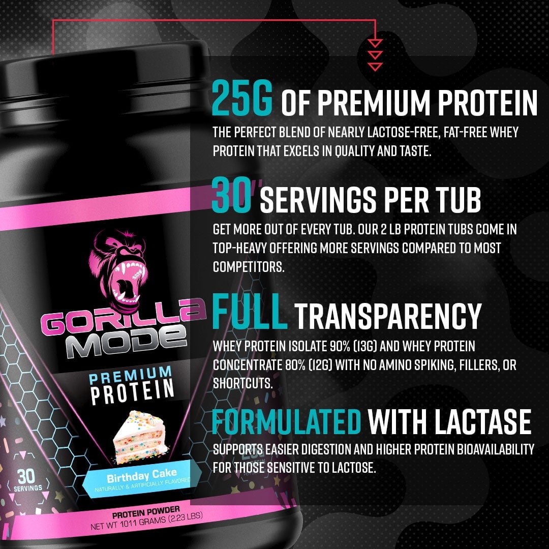Gorilla Mode Premium Whey Protein - Vanilla Ice Cream / 25 Grams of Whey Protein Isolate & Concentrate / Recover and Build Muscle (30 Servings)