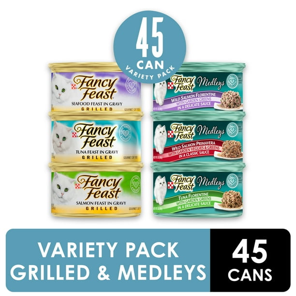 (45 Pack) Fancy Feast Wet Cat Food Variety Pack, Grilled Feast & Medleys Seafood Collection, 3