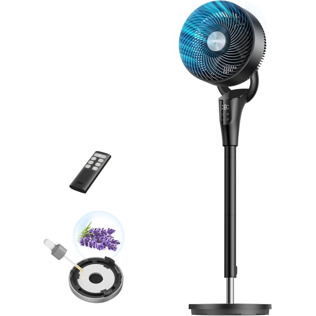 Fan for Bedroom, 90° Oscillating Standing Fan, 20dB Quiet, 90ft Pedestal Fans for Room Office, DC Motor, 8+H Speeds, 3 Modes, 38-42'' Adjustable Height, Remote, 8H Timer, 105° Manual Vertical