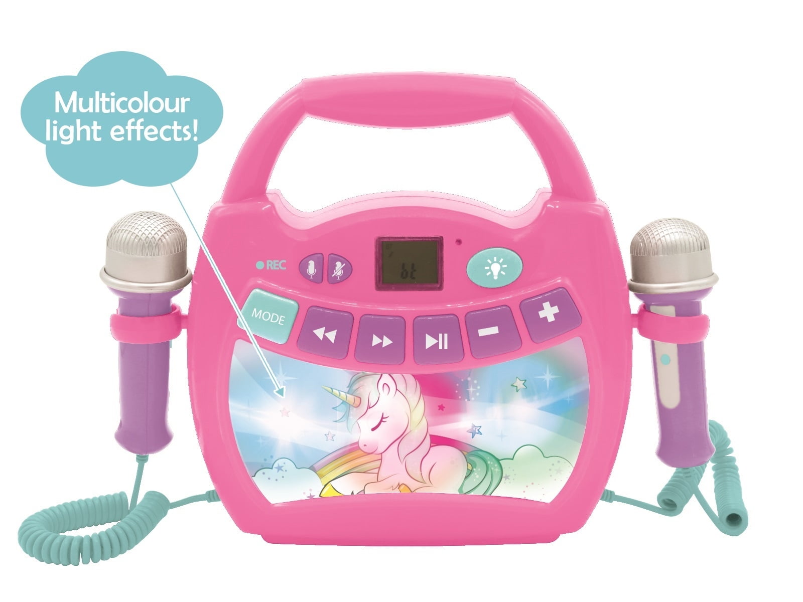 Lexibook Unicorn - Portable karaoke digital player for kids – Microphones, Light effects, Bluetooth, Record and voice changer functions, Rechargeable battery, Pink