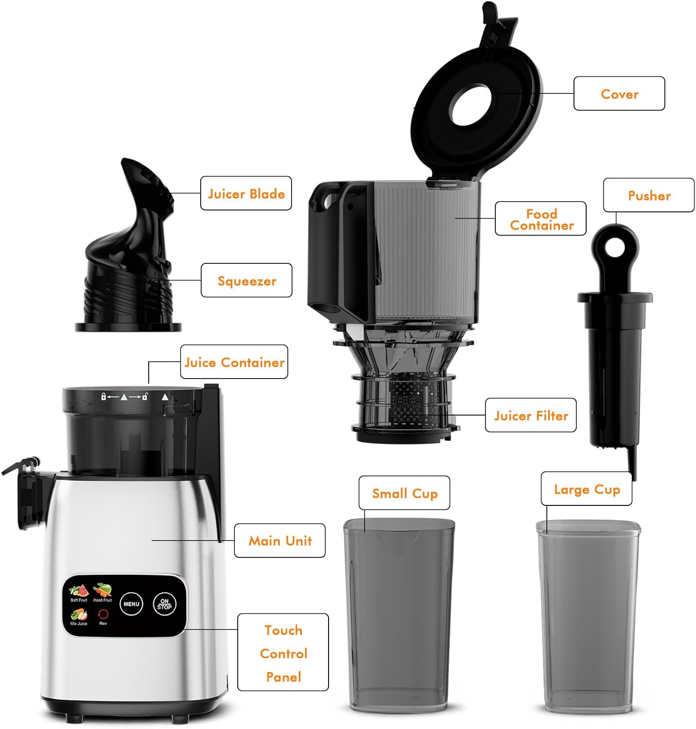 WAA Cold Press Juicer 5.4" Extra Wide Feed Chute,Slow Masticating for Whole Fruits & Veggies