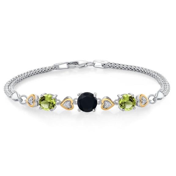 Gem Stone King 925 Sterling Silver and 10k Yellow Gold Black Onyx Green Peridot and White Lab Grown Diamond Bracelet for Women (3.36 Cttw, Round 7MM and 6MM, 6.5/7/7.5 inch, Made in Italy)