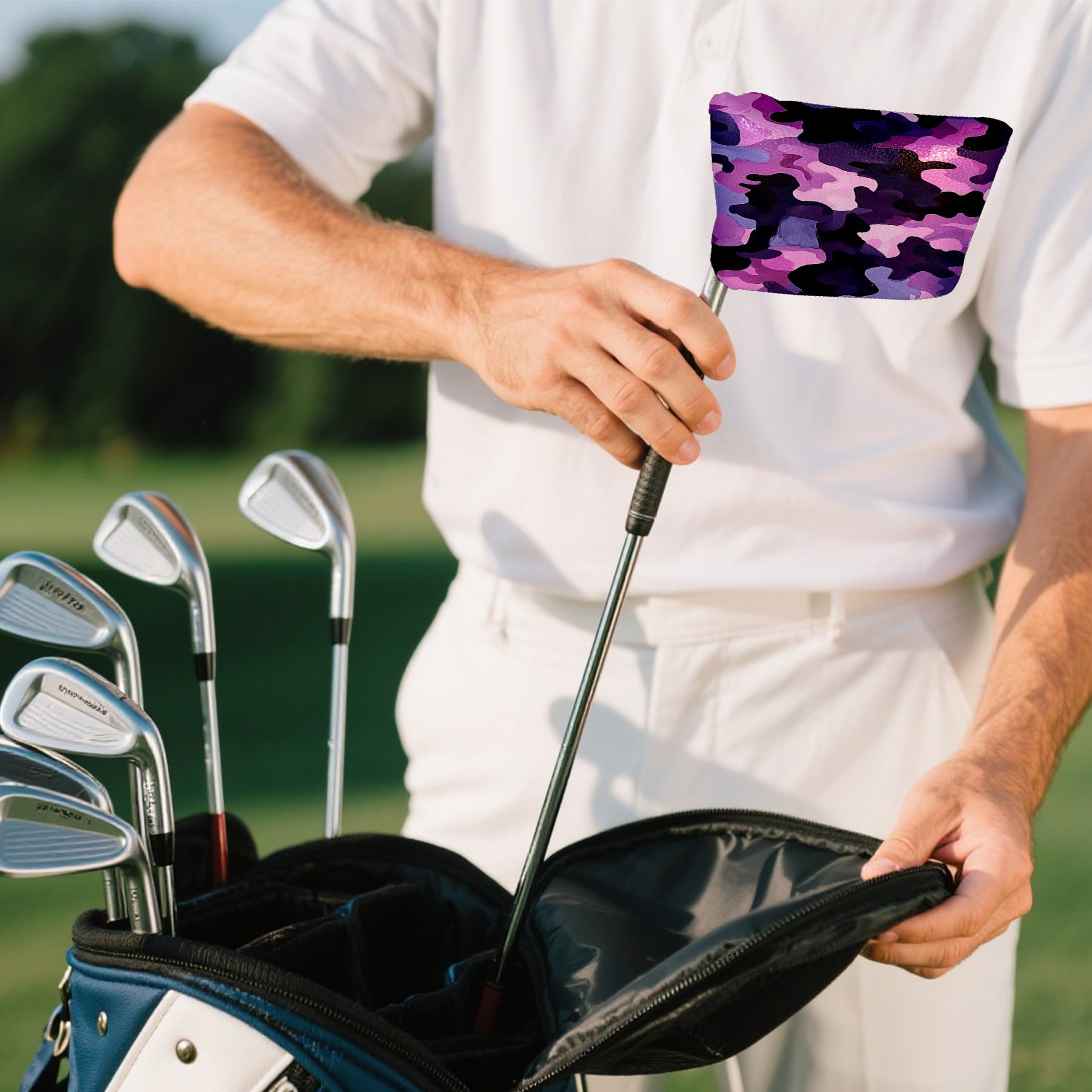 Golf Mallet Putter Cover Premium Leather Waterproof Golf Putter Head Cover with Magnetic Closure Purple Camouflage Pattern