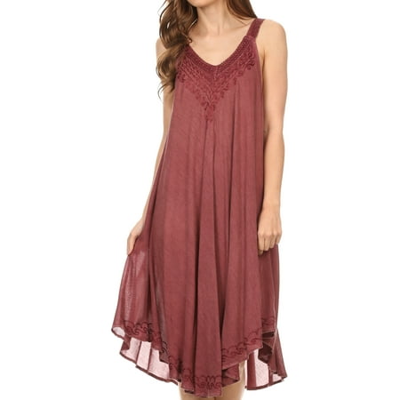 Stone Dress Clip - Sakkas Calais Mid Length Sleeveless Tank Top Detailed Embroidery Caftan Dress - Burgandy - One Size Regular
