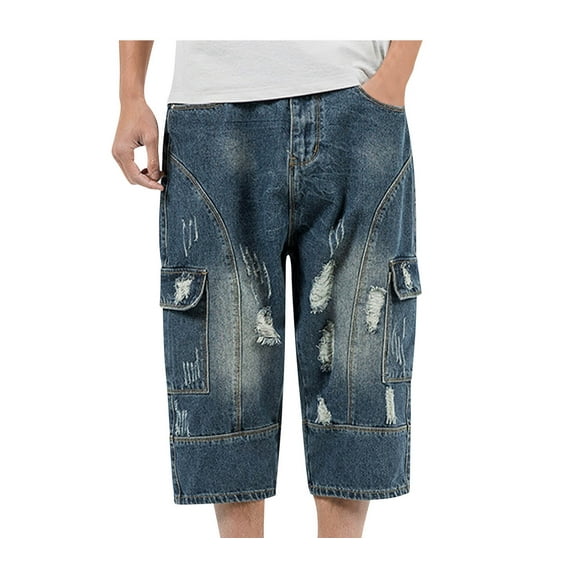 Jean Shorts Men Multi Pocket Casual Workwear Shorts Dark Blue