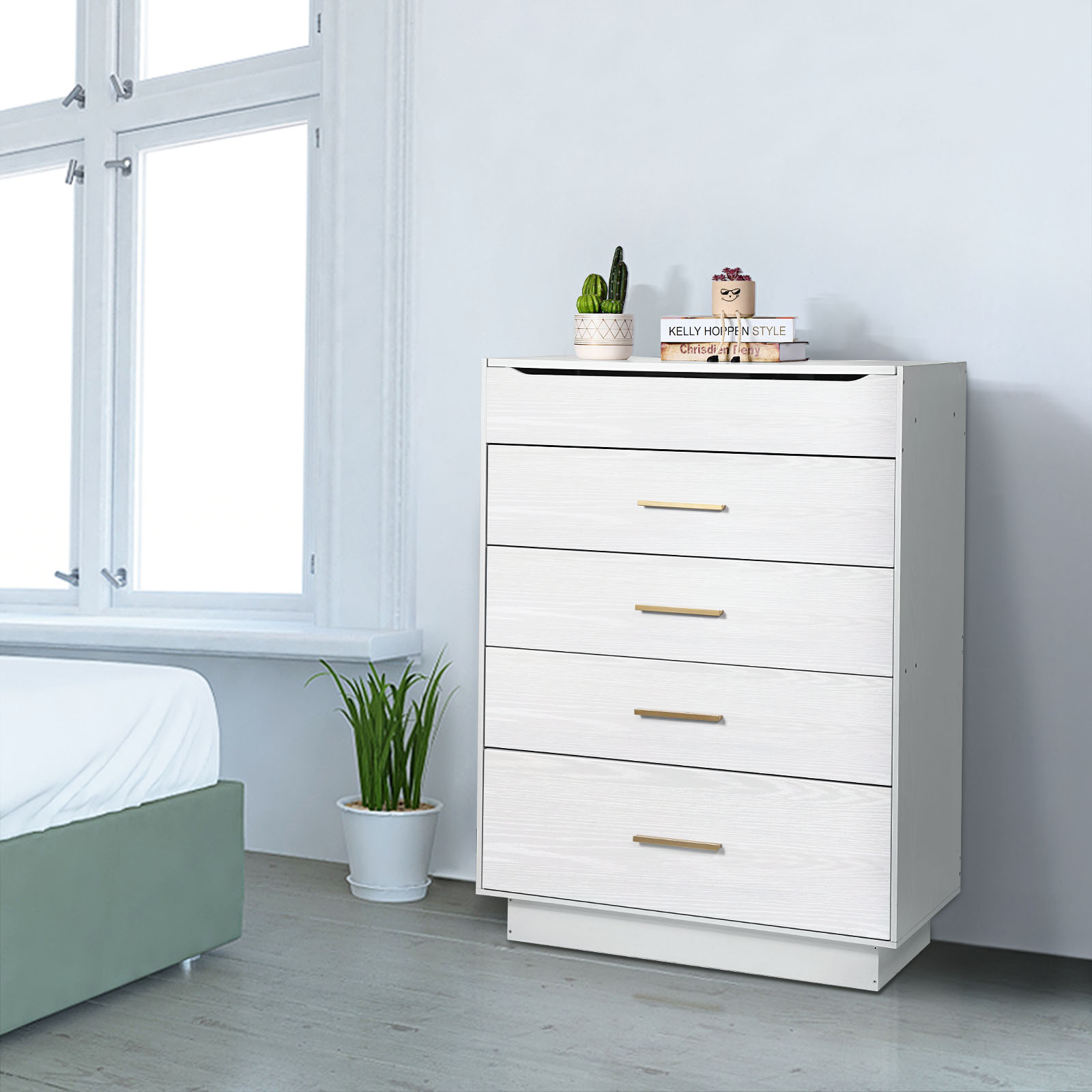 Oumilen 5 Drawer Wood Lift Top Dresser with Inside Mirror, White