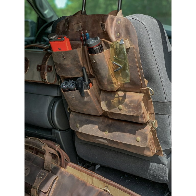 Outdoor Leisure Products Model CT10004 Leather Truck Seat Organizer Measuring 15.75 inches wide and 22 inches high