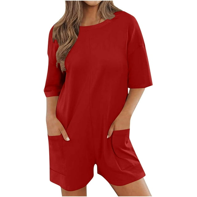 IROINID Womens One Piece Shorts,Womens Solid Oversized Athletic Tee Romper Back V Neck Half Short Sleeve Wearing Both Front And Back Rompers Casual Shorts Jumpsuit With Pockets Red XL