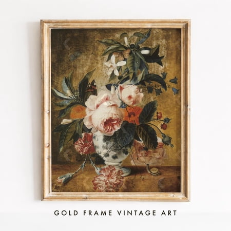 Vintage Floral Still Life Roses In Porcelain Vase Moody Antique Flowers Dark Academia Wall Art Style 1073