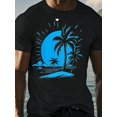 thumbnail image 1 of Camiseta casual de algodón para hombre con estampado de palmeras tropicales y luna creciente, mangas cortas, cuello redondo, perfecta para salidas de verano., 1 of 6