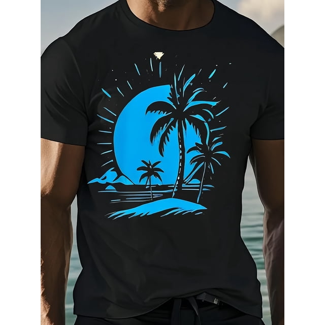 Camiseta casual de algodón para hombre con estampado de palmeras tropicales y luna creciente, mangas cortas, cuello redondo, perfecta para salidas de verano.