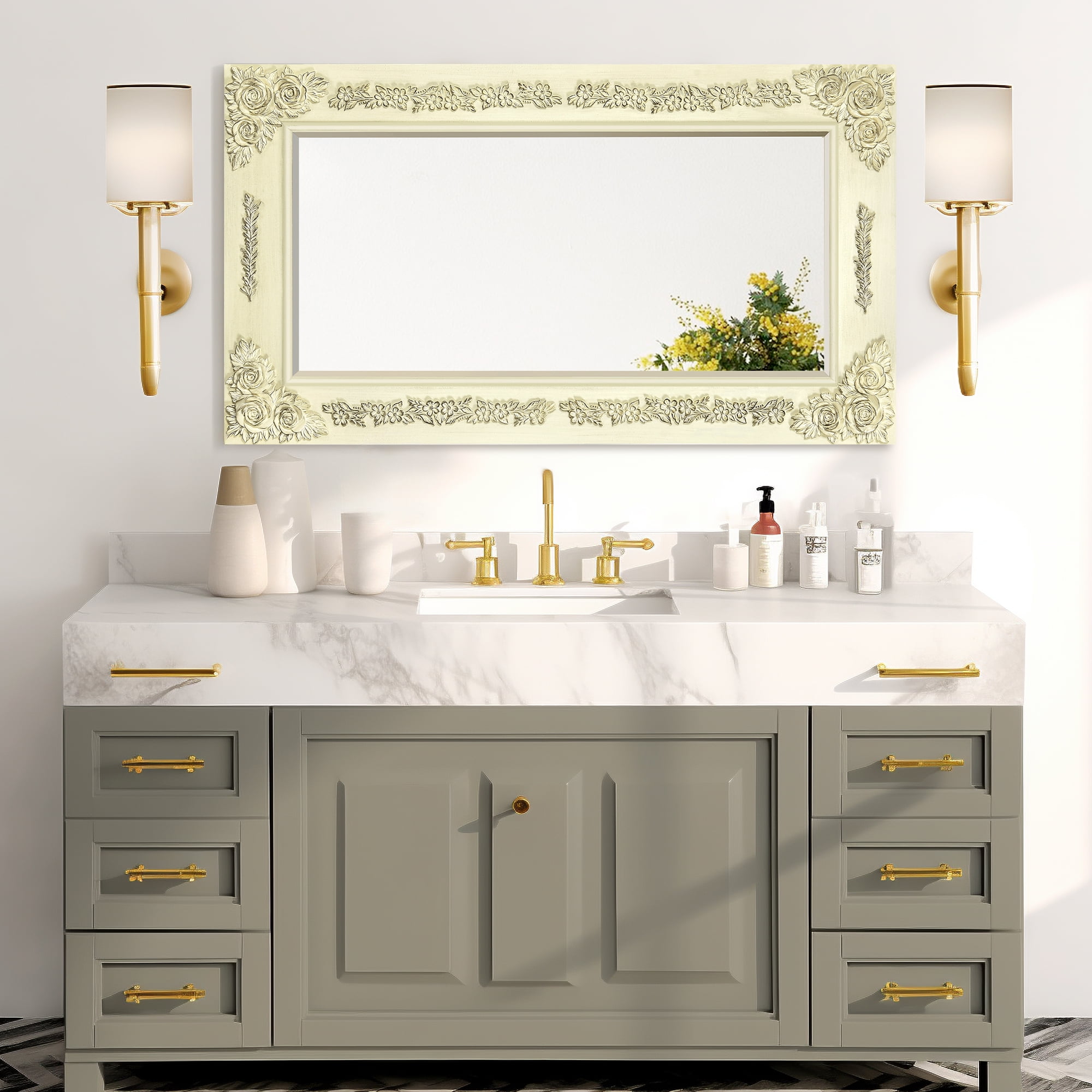 Dextrus 36"x20" Wall Mirror with Rectangular Wood Frame,Vintage Mirror, French Vanity Mirrors, White