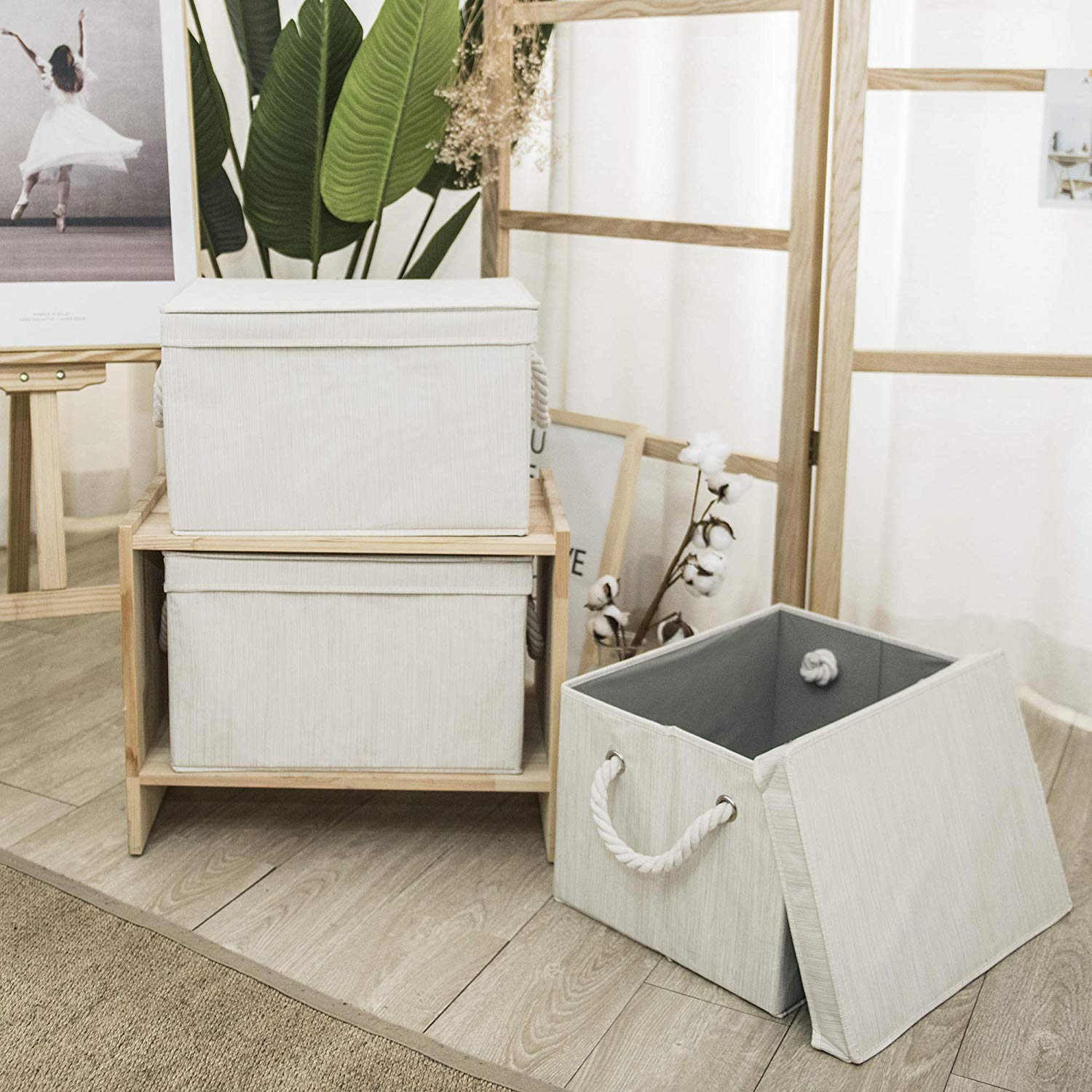 Storage Bins with Lid and Cotton Rope Handles, Foldable