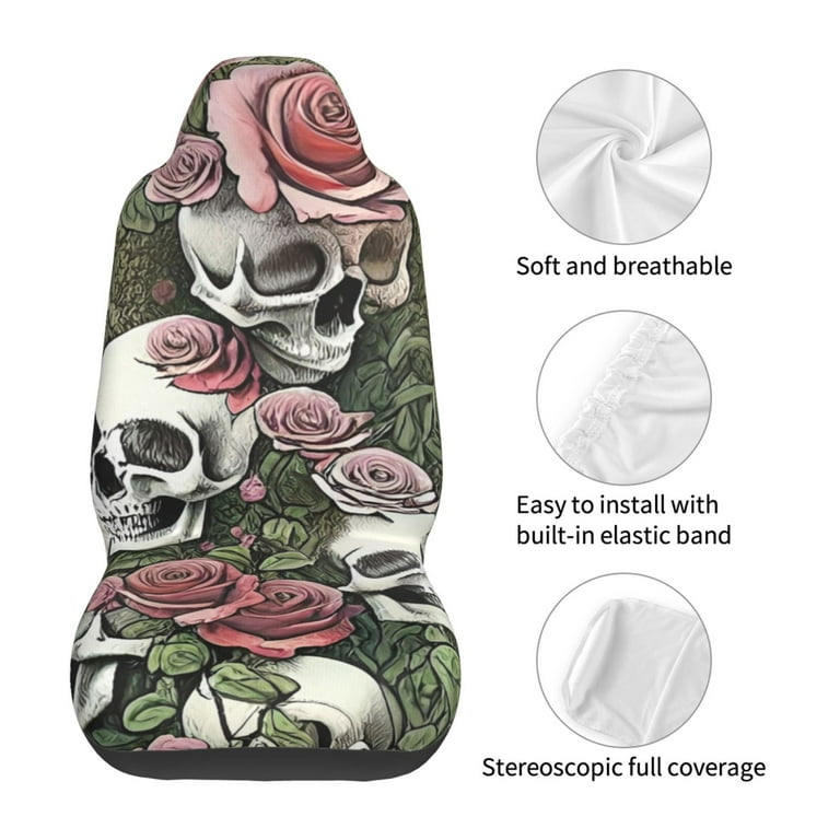 TEQUAN Front Seat Covers Deadhead Roses Grateful Skulls Dead Skeleton Pattern 2 Piece Car Seat Cover Fit Most Car SUV Truck Van