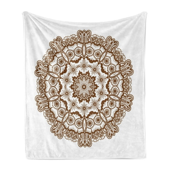 Brown Mandala Soft Flannel Fleece Throw Blanket, Monochrome Inspired Round Form Mandala with Circles and Flowers, Cozy Plush for Indoor and Outdoor Use, 50" x 60", Chocolate and White, by Ambesonne