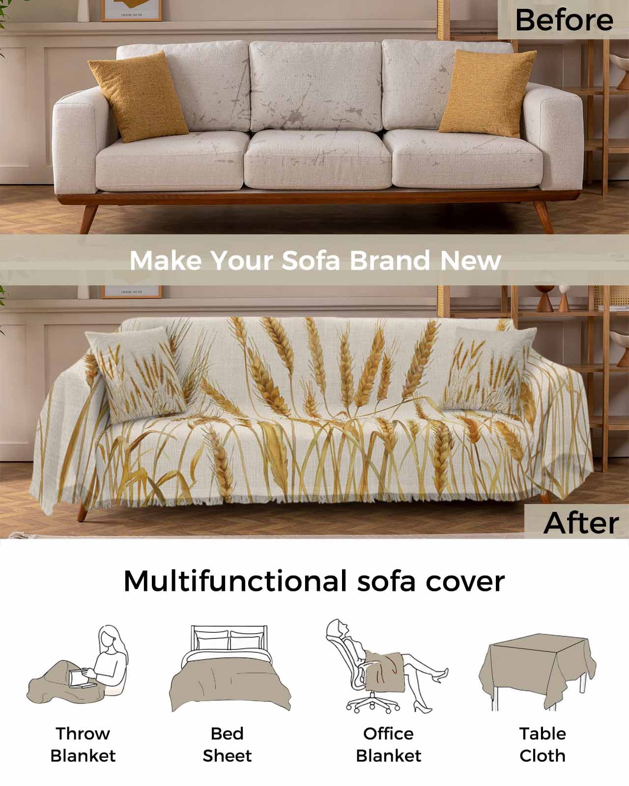 Gold Wheat Sofa Couch Covers for Dog,Washable Sofa Throw Cover Single Slipcoverfor Armchair with Tassels,Farmhouse Vintage Summer Autumn Crops Couch Protector Towel Blanket Medium 71''x91''