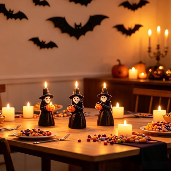 Halloween Decorations! 3 Pack Skeleton Witch Holding Pumpkin Halloween Tealight Candles, Small Decor Candles with Aluminum Base, Spooky Tabletop Candle for Indoor Holiday Party Fall Decor