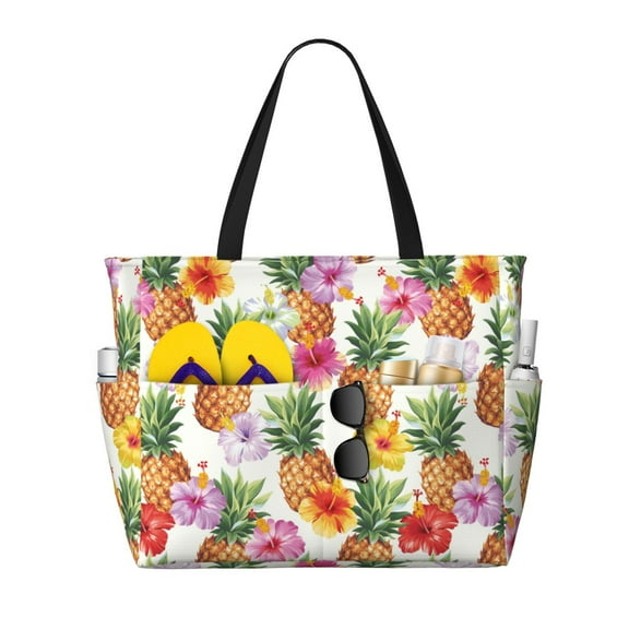 Yiaed Hawaiian Pineappl Print Large Capacity Beach Travel Bag - Waterproof Zipper Vacation Tote for Sandproof Storage, and Camping