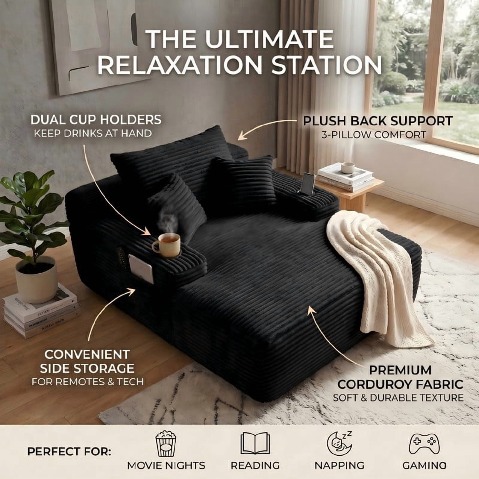 Modern Plush Faux Fur Oversized Chaise Lounge Sofa Chair with Deep Seat Memory Foam and Pillows, No Assembly Required for Living Room Bedroom Studio, Black