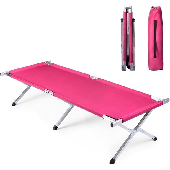 Portable Folding Camping Cots for Adults, Sleeping Cot 1200D Double Layer Oxford Outdoor Cots with Carrying Bag for Camping Home Office Nap Beach Travel, Support Up to 275lbs, Pink