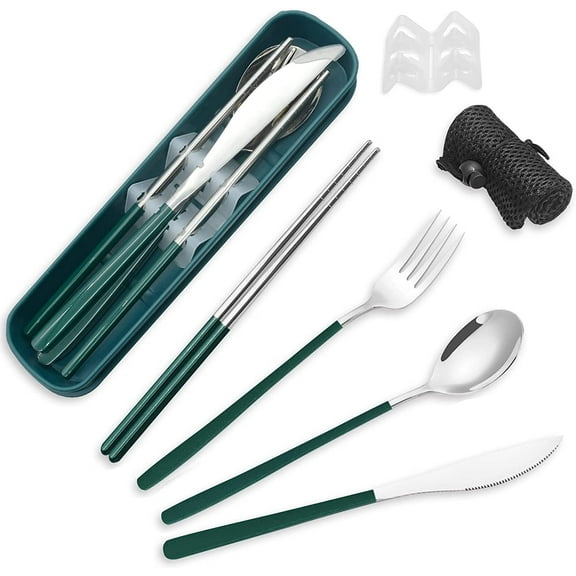 Stainless Steel Cutlery Set with Case, STONCEL Portable Travel Lunch Utensils, Reusable Fork Spoon Knife Chopsticks Set for Office School Travel Camping Picnic Adults Daily Use (Green, Silvery)