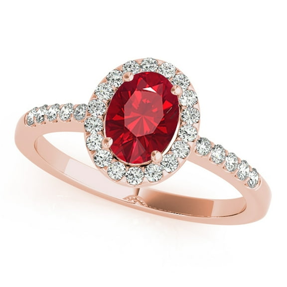 Mauli Jewels Rings for Women 1.05 Carat Diamond and Oval Shaped Created Ruby Ring Prong 10K Rose Gold
