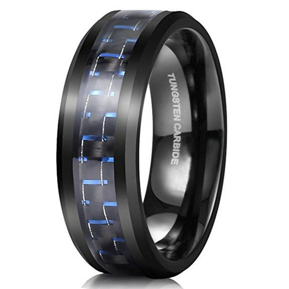Wedding Ring Men. 8mm Black Tungsten Wedding Band w/ Blue Dash Carbon Fiber