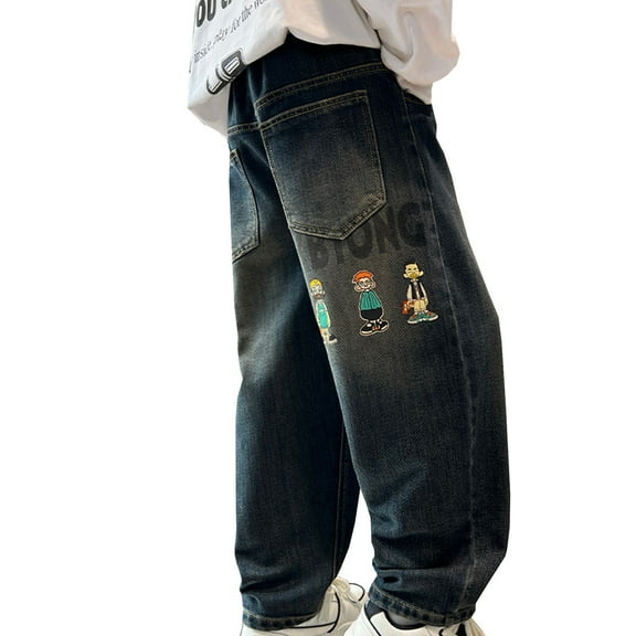Tiijoy Little Boys Stylish Graphic Straight Jeans Loose Fit Pull On Denim Pants, Sizes 6-7