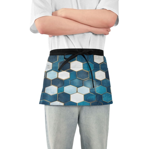 Yayeee Waist Apron with Pockets for Cooking Waterproof Half Server Aprons, Dark Blue Hexagon Patterns