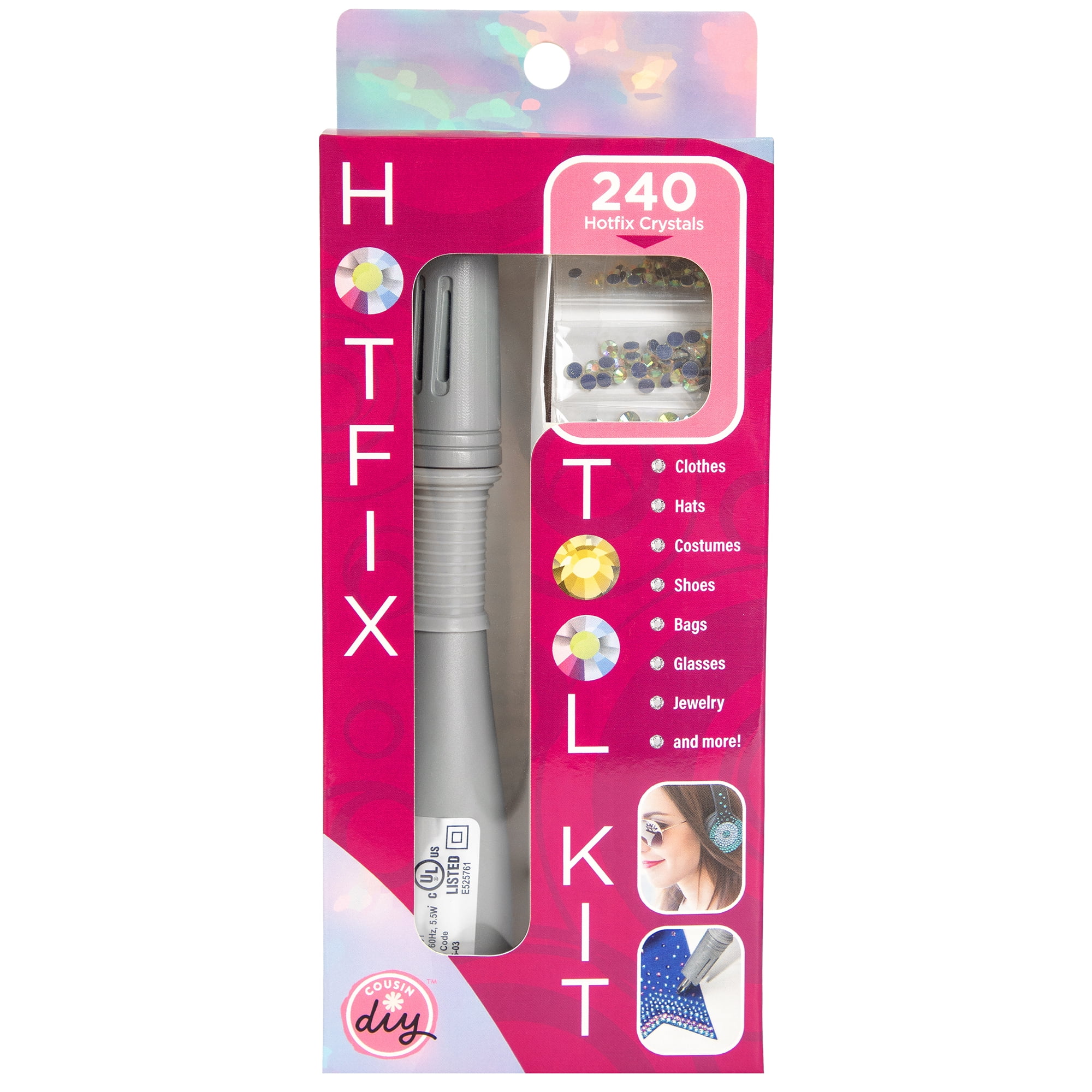 Cousin DIY Hot Fix Tool with 7 Tips - 240 Crystal Pieces for Fabric, Leather, Paper Crafting
