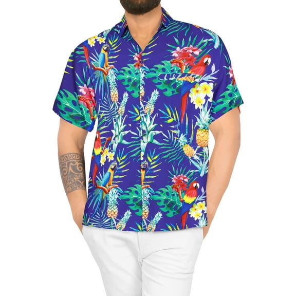 LA LEELA Men's Hawaiian Shirts Short Sleeve Button Down Shirt Pineapple Shirt Men Holiday Aloha Beach Summer Party Shirts for Men Funny M Tropical Parrots, Blue