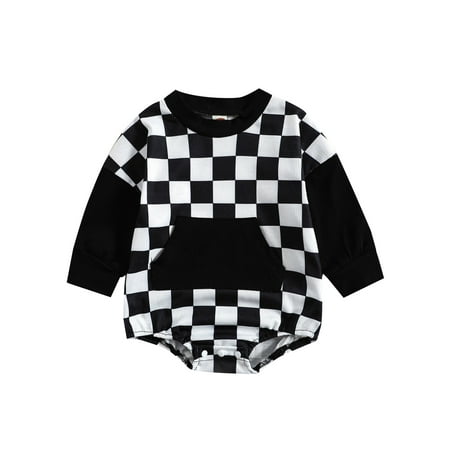 

jaweiwi Infant Baby Autumn Jumpsuit Checkerboard Print Long Sleeve Round Neck Contrast Color Romper with Pocket for Boys Girls Size 0 6 12 18 24 M